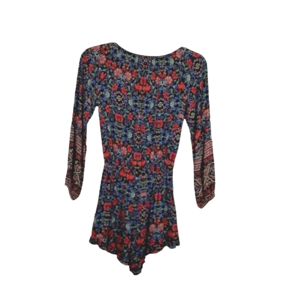 American Eagle Womens Floral Romper Shorts Long Sleeve Red Blue - Picture 2 of 6